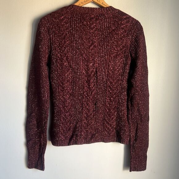 NEW PAIGE Nanari Metallic Cable Knit V-Neck Cardigan in Burgundy Sparkle - Picture 3 of 11